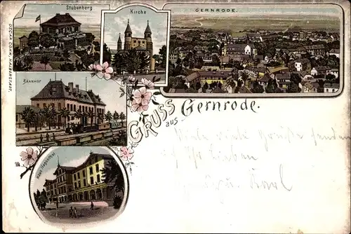 Litho Gernrode Quedlinburg im Harz, Stubenberg, Kirche, Bahnhof, Haus Hagental, Panorama