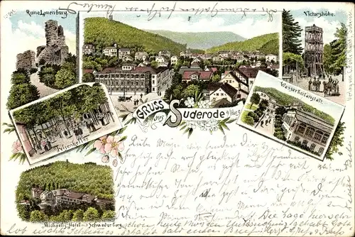 Litho Bad Suderode Quedlinburg im Harz, Ruine Lauenburg, Victorshöhe, Wasserheilanstalt