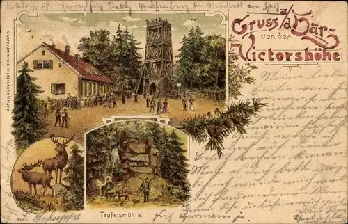 Litho Gernrode Quedlinburg im Harz, Viktorshöhe, Gasthaus, Teufelsmühle