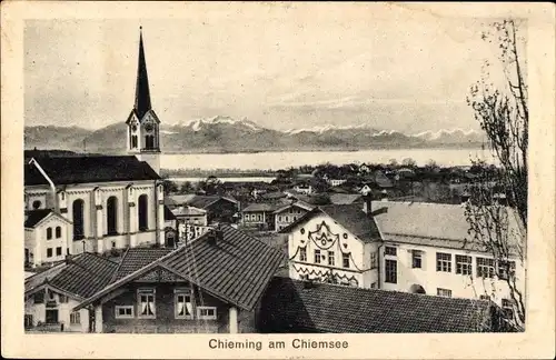 Ak Chieming am Chiemsee Oberbayern, Panorama, Kirche