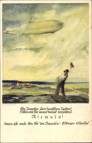 Künstler Ak Amtsberg, Otto, Zeppelin Eckener Spende, winkender Mann, Luftschiff