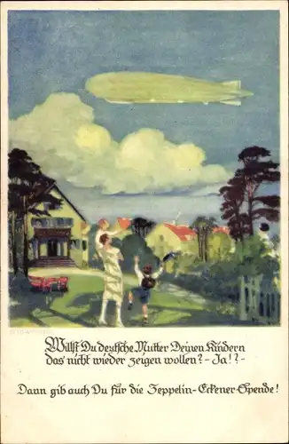 Künstler Ak Amtsberg, Otto, Deutsche Mutter zeigt Kindern Luftschiff, Zeppelin Eckener Spende