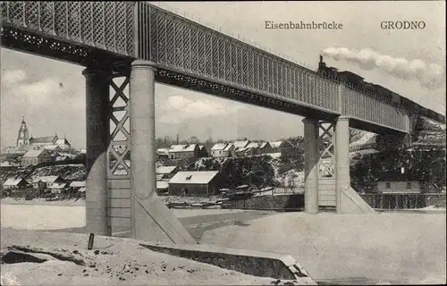 Ak Hrodna Grodno Weißrussland, Eisenbahnbrücke, Dampflok, Winter