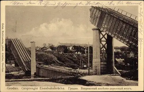 Ak Hrodna Grodno Weißrussland, gesprengte Eisenbahnbrücke