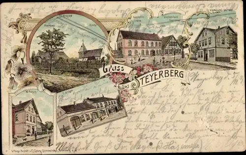 Litho Steyerberg Niedersachsen, Gasthaus, Kirche, Ortsansichten