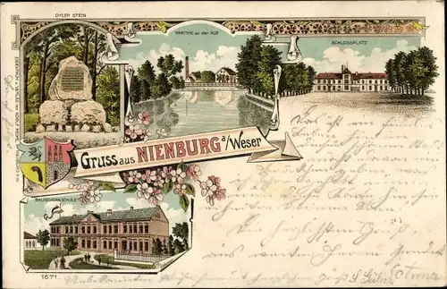 Litho Nienburg an der Weser, Schlossplatz, Baugewerkschule, Oyler Stein, Wappen