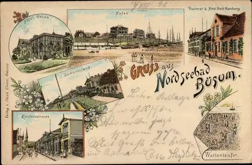 Litho Nordseebad Büsum, Hotel Union, Pastorat, Hotel Stadt Hamburg, Wattenläufer, Damenstrand