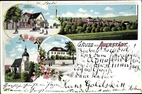 Litho Auerstedt Bad Sulza in Thüringen, Panorama, Kirche, Schloss, Gasthaus zum alten Deutschen