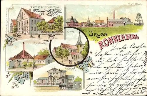 Litho Ronnenberg in Niedersachsen, Kali-Werk, Brennerei, Bahnhof, Gleisseite, Kirche, Gasthof