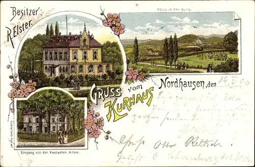 Litho Nordhausen am Harz, Gesamtansicht, Kurhaus, Kastanien-Allee