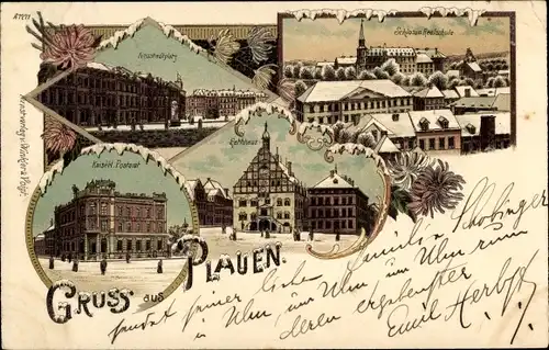 Litho Plauen im Vogtland, Kaiserliches Postamt, Neustadtplatz, Rathaus, Schloss, Realschule