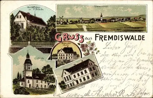 Litho Fremdiswalde Nerchau Grimma in Sachsen, Geschäftshaus, Kirche, Gasthof