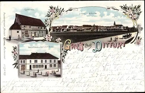 Litho Ditfurt am Harz Sachsen Anhalt, Rathaus, Gasthaus zum deutschen Haus