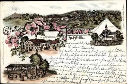 Litho Jauernick Buschbach Markersdorf Oberlausitz, Panorama, Kirche, Gastwirtschaft