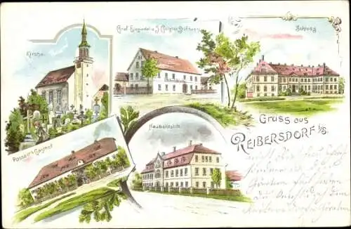 Litho Rybarzowice Reibersdorf in Niederschlesien, Hauboldstift, Schloss, Kirche