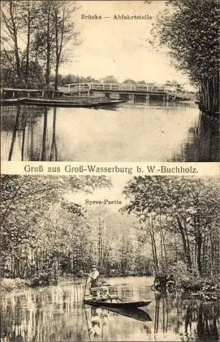 Ak Groß Wasserburg im Spreewald, Spreepartie, Brücke, Abfahrtstelle