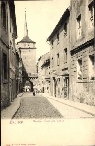 Ak Bautzen in der Lausitz, Schülertor und Gasse, Schneider L. Sprenger, Klempner Fried. Warzel