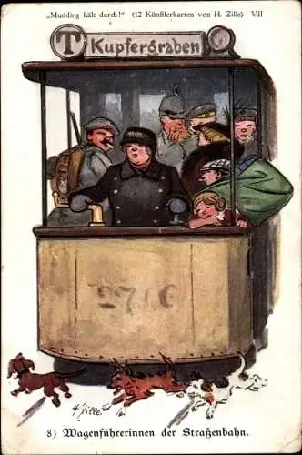Künstler Ak Zille, Heinrich, Berlin, Wagenführerinnen der Straßenbahn zum Kupfergraben