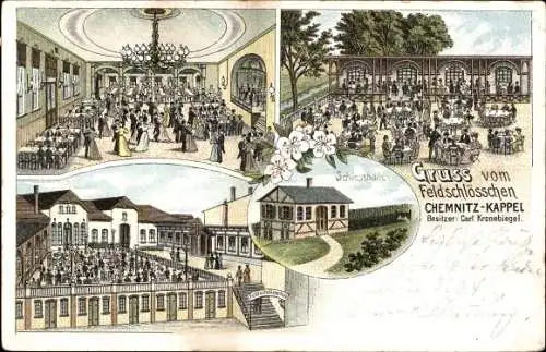 Litho Kappel Chemnitz in Sachsen, Gasthaus Feldschlösschen, Innenansicht, Schießhalle