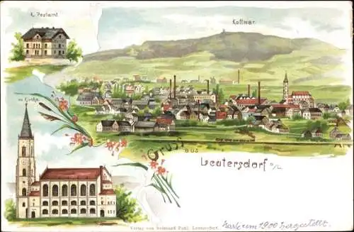 Litho Leutersdorf Oberlausitz, Kirche, Postamt, Panorama mit Kottmar