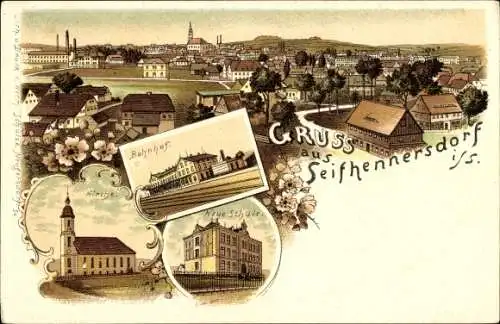 Litho Seifhennersdorf in der Oberlausitz Sachsen, Kirche, Schule, Bahnhof, Totalansicht