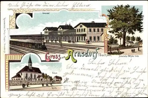 Litho Arnsdorf Sachsen, Bahnhof, Schule, Kirche, 200jährige Eiche, Eisenbahn