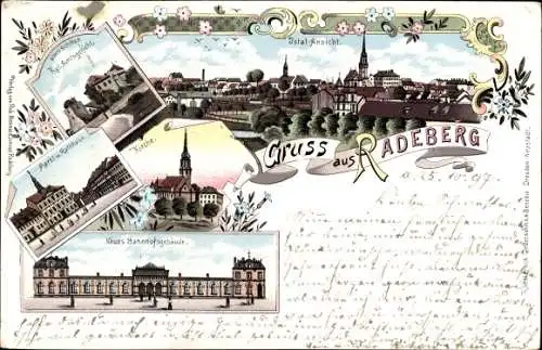 Litho Radeberg in Sachsen, Amtsgericht, Markt, Rathaus, Neuer Bahnhof, Gesamtansicht