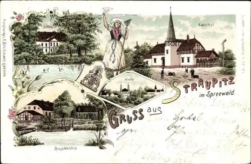 Litho Straupitz im Spreewald, Bahnhof, Tracht, Schloss, Spreewälderin
