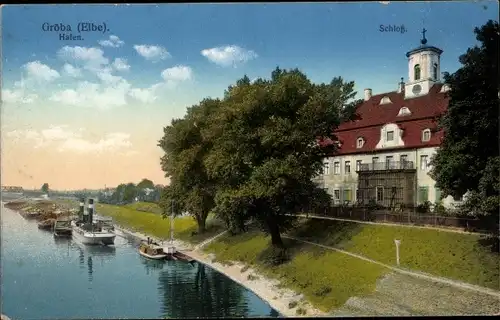 Ak Gröba Riesa an der Elbe Sachsen, Schloss, Hafen, Dampfer