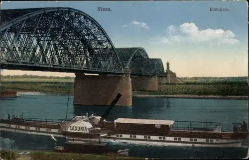 Ak Riesa an der Elbe Sachsen, Elbbrücke, Dampfer Saxonia