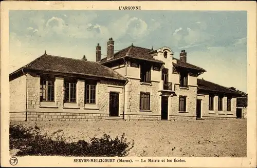 Ak Servon Melzicourt Marne, La Mairie, les Ecoles