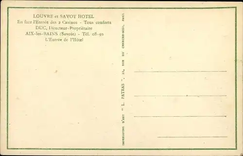 Ak Aix les Bains Savoie, Louvre und Savoy Hotel, Eingang
