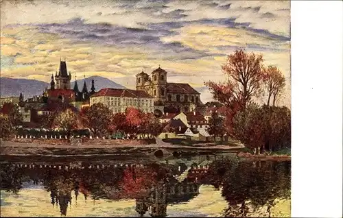 Künstler Ak Malý, V., Litoměřice Leitmeritz Region Aussig, Panorama, Fluss, Kirche
