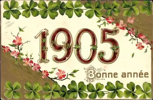 Präge Litho Glückwunsch Neujahr 1905, Glücksklee, Blumen