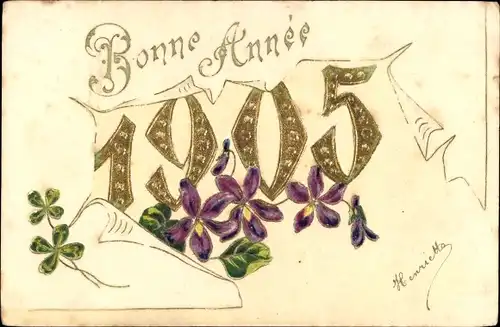 Präge Litho Glückwunsch Neujahr 1905, Glücksklee, Veilchen