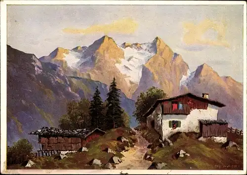 Künstler Ak Hecker, J., Wohnhaus, Berge, Bergspitze, Dorfstraße