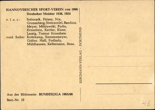 Ak Hannoverscher Sportverein von 1896, Deutscher Meister 1938, 1954, Bohnsack, Nix, Grunenberg