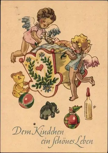 Künstler Ak Glückwunsch Geburt, Baby im Bett, Engel, Teddy, Spielzeuge