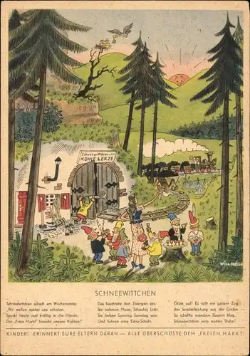 Künstler Ak Halle, W., Märchen Schneewittchen, Zwerge, Haus, Wald, Bäume