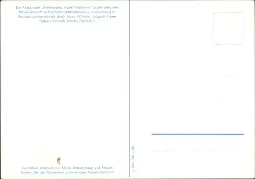 Ak Himmliches Mosel Tröpfchen, der bekannte gute Moselwein, Engel, Reklame