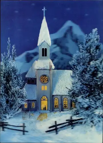 3-D Ak Kirche in verschneiter Landschaft