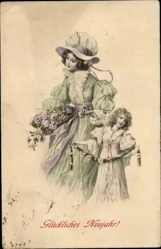 Ak Glückwunsch Neujahr, Elegante Dame und Mädchen, Blumen