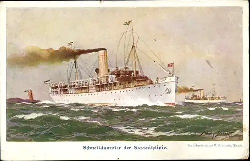 Künstler Ak Stöwer, Willy, Dampfer Hertha, Salonschnelldampfer, Sassnitzlinie, Reederei Braeunlich