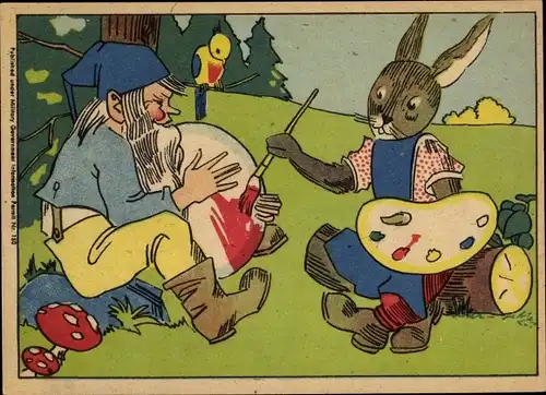 Ak Frohe Ostern, Osterhase bemalt Osterei, Zwerg, Vogel