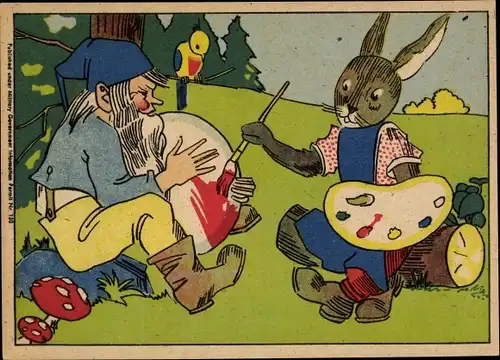 Ak Frohe Ostern, Osterhase bemalt Osterei, Zwerg, Vogel