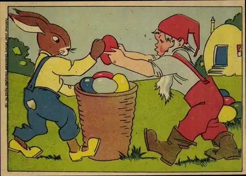 Ak Frohe Ostern, Osterhase und Zwerg, Korb, Ostereier