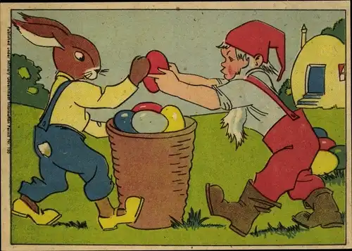 Ak Frohe Ostern, Osterhase und Zwerg, Korb, Ostereier