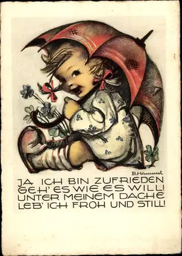 Künstler Ak Hummel, Berta, Ich bin zufrieden, Mädchen, Schirm, Nr. 4520