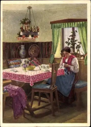 Künstler Ak Schuster, Karl, Indanthren Textilien, Reklame, nähende Frau