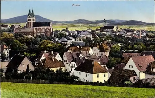 Ak Cham in der Oberpfalz, Ortsansicht, Kirche